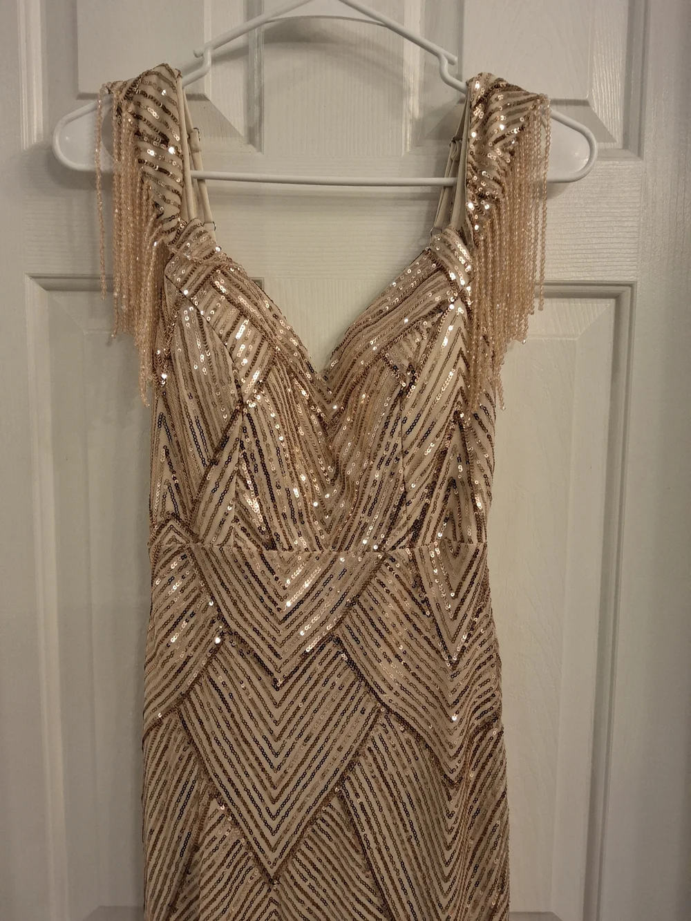Beaded ROSE GOLD Sequin Evening Gown with‎ Fringe Shoulders